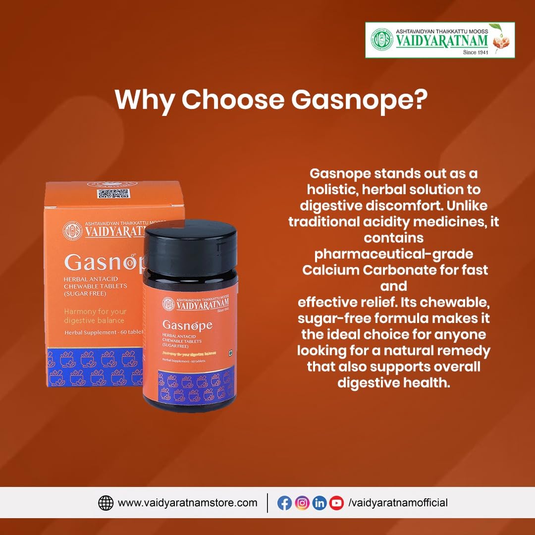 Vaidyaratnam Gasnope Tablet - 60 Nos, Improves Digestion, Relieves from Gas, For Acidity & HeartBurn | Fast & Natural Relief from Acidity | Acidity Relief Tablet | Sugar-Free Chewable Tablets | Supports Acidity and Bloating Relief | Natural Digestive Comfort Tablets