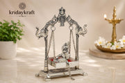 KridayKraft Silver Plated Metal Krishna Jhula with Elephant Design Stand | Lord Krishna on Swing Idol for Home Decor, Janmashtami Puja, Temple, & Spiritual Gifting.