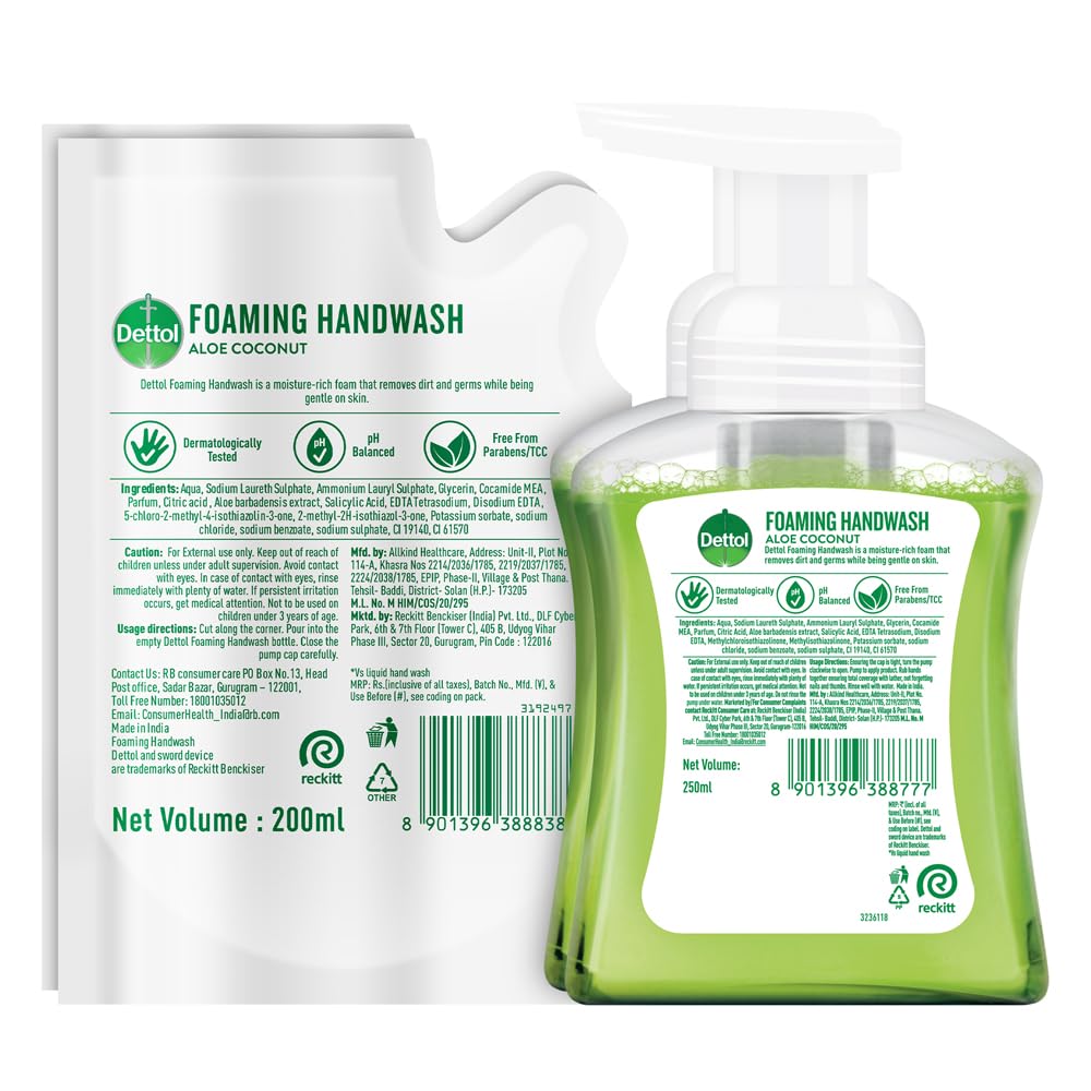 Dettol Foaming Handwash Pump + Refill Combo, Aloe Coconut (250ml + 200ml) Pack of 2 | Rich Foam | Moisturizing Hand Wash | Soft on Hands