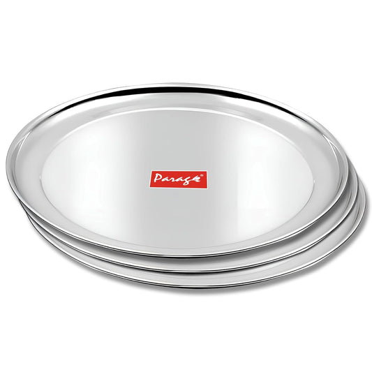Parage 3 Pieces Stainless Steel 12 inch Heavy Gauge Raj Bhog Plate Set/Dinner Set/Thali Set/Kitchenware for Home & Restaurants/Family Use, Silver