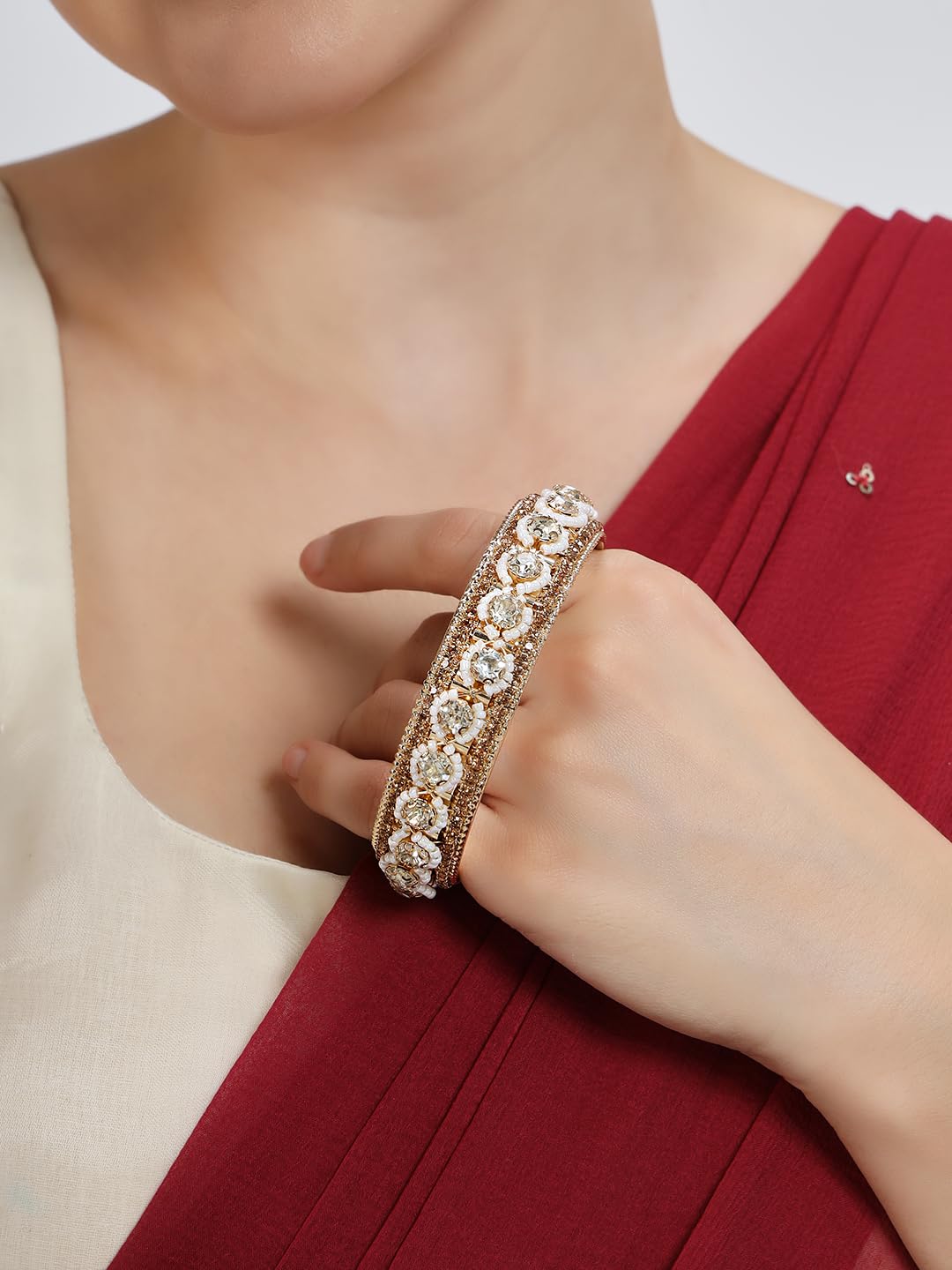 NMII Traditional Metal with Zircon Diamond & White Moti Pearls Bangles For Women & Girls | Designer Kangan Set | Girl's Bangles Bracelet | Stone Bangles | Women's Kada Fashion Jewellery- Set of 2