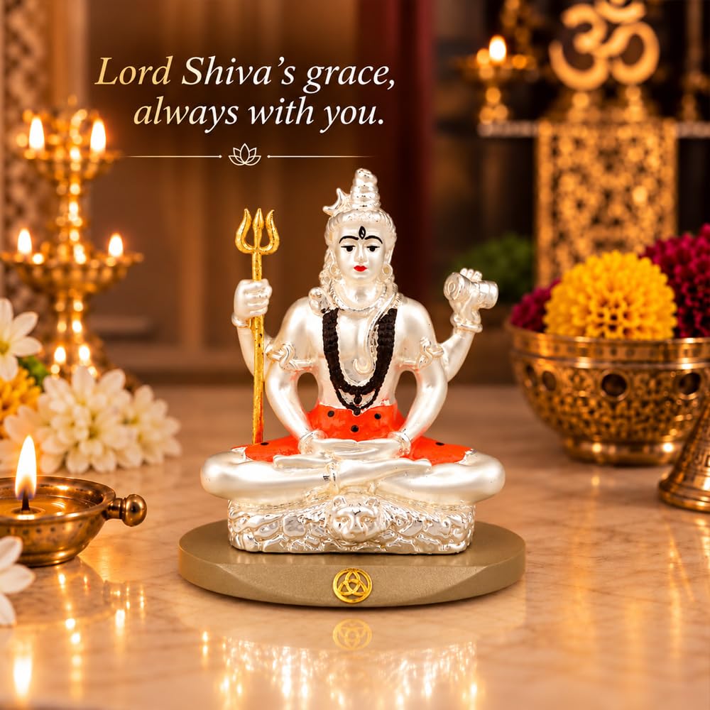 DIVINITI 999 Silver-Plated Lord Shiva Idol with Gold Accents | Mahadev Murti for Home, Office & Puja Mandir | Diwali, Mahashivratri & Housewarming Gift with Premium Gift Box | 8 x 7 CM