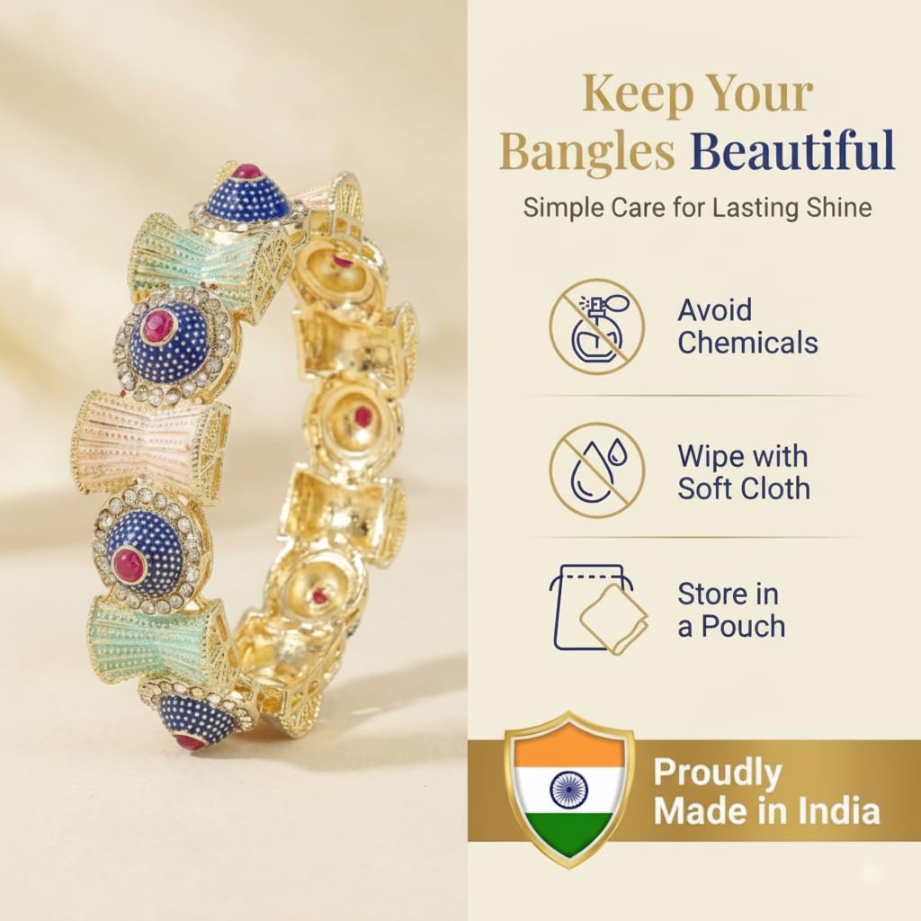NMII Gold Metal Bangles Rajwadi Style Kangan Set For Women & Girls with Zircon Diamond | Traditional Girl's Bangles Bracelet | Latest Kada For Women Trendy | Wedding, Party, Festive, Daily- Set of 2