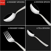 Parage 25 Pieces Decora Premium Stainless Steel Cutlery Set For Home & Kitchen (Contains: 6 Table Spoons, 6 Forks, 6 Master Spoons, 6 Soup Spoons, 1 SS Stand) Spoon Set, Dining Tableware Fancy- Silver