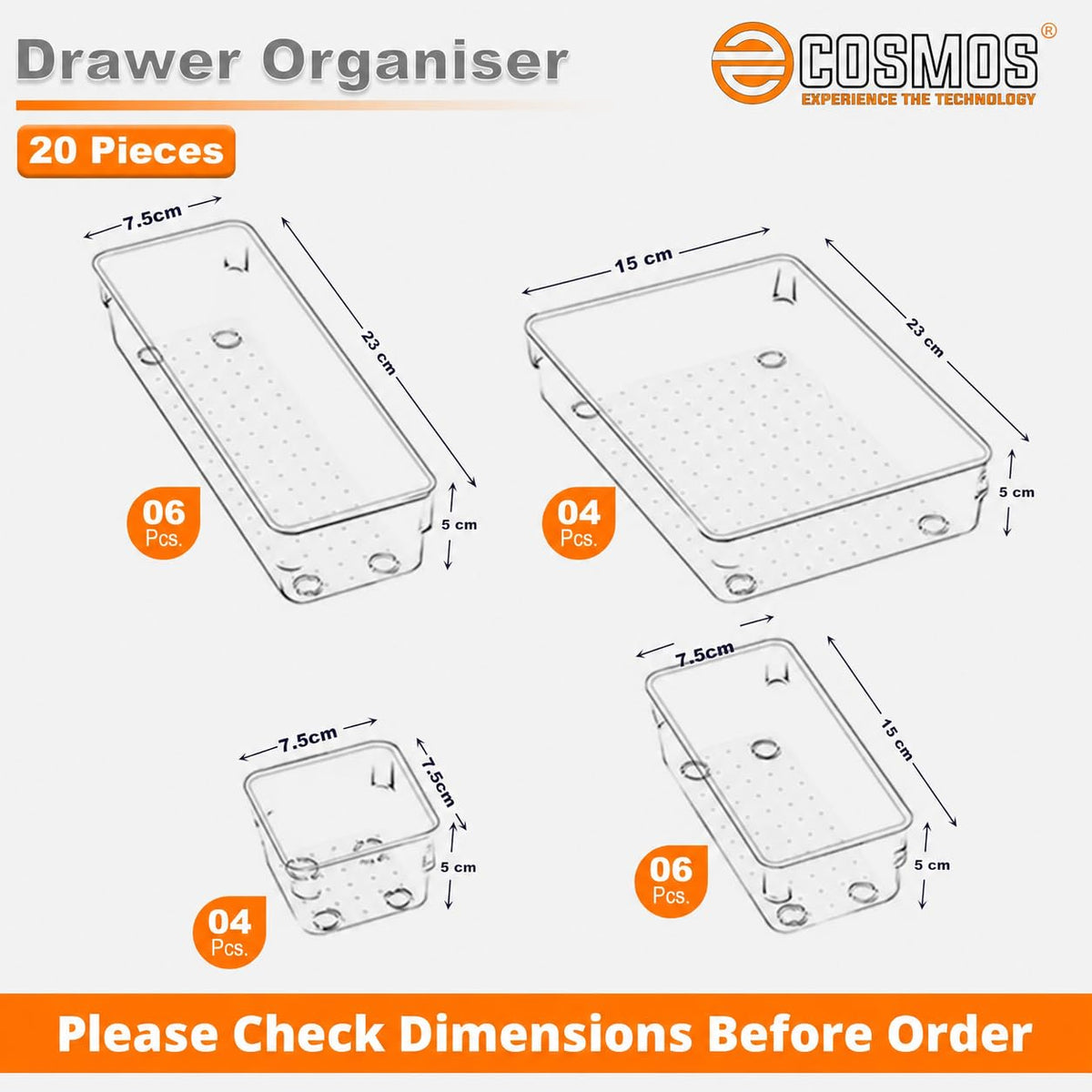 E-COSMOS® 20-Pack Transparent Drawer Organizers, Durable Polypropylene Storage Boxes, Multi-Purpose Divider Trays for Dressing Table, Vanity, Kitchen, and Office