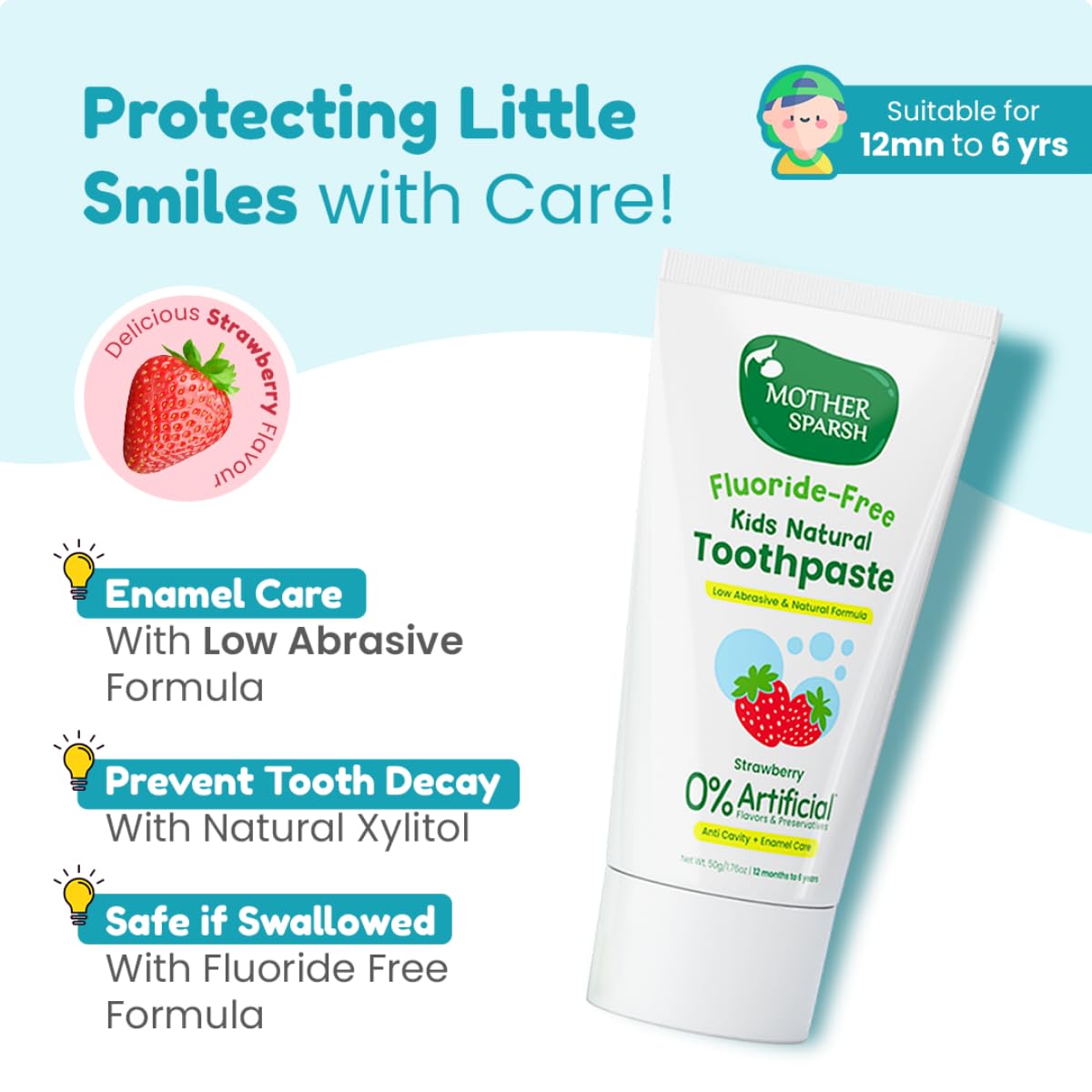 Mother Sparsh Natural Toothpaste for Kids-50g, Strawberry | Strengthens Gums, Whitens Teeth | Preservative & Fluoride Free Baby Toothpaste | Anti Cavity + Enamel Care