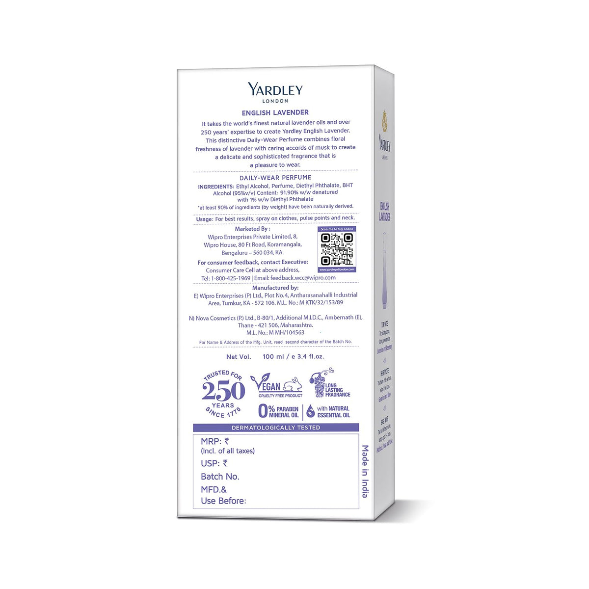 Yardley London English Lavender Perfume for Women, 100ml – 90% Naturally Derived, Daily Wear Spray | Lavender & Musk Fragrance