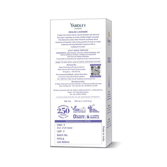 Yardley London English Lavender Perfume for Women, 100ml – 90% Naturally Derived, Daily Wear Spray | Lavender & Musk Fragrance