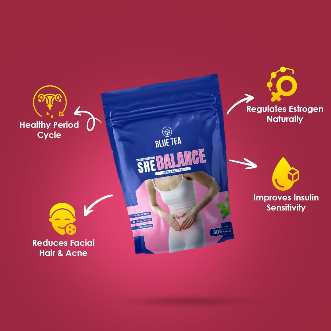 BLUE TEA - She Balance Tea - 30 Tea Bags - Plant Based | PCOS & PCOD RELIEF | Helps in Balancing Hormones - Reduces Facial Hair | Caffeine Free - Herbal Tea | Ziplock Pack