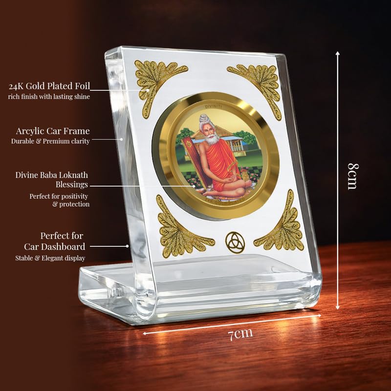 DIVINITI 24K Gold Plated Religious Car Dashboard Frame | Premium God Idol Frame for Car, Home Mandir & Office Table | Spiritual Gift, Decorative Showpiece | Baba Lokenath