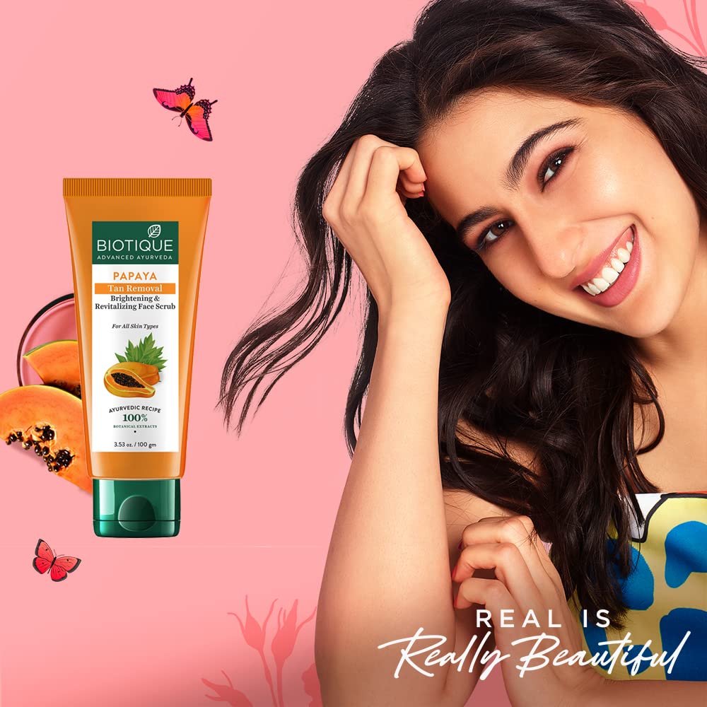 Biotique Papaya Tan Removal Brightening & Revitalizing Face Scrub | Gentle Exfoliation | Smooth and Clear Complexation | 100% Botanical Extracts| Suitable for All Skin Types | 100g (Pack of 4)