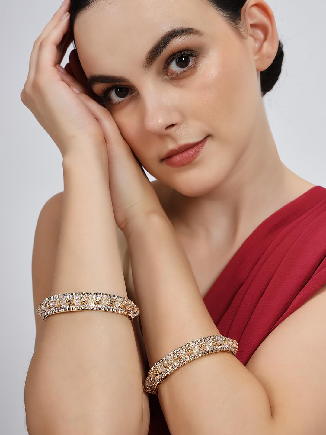 NMII Latest Alloy Metal with Zircon Stone & Pearls Bangles Set For Women & Girls | Premium Girl's Bangles Bracelet | Women's Kangan | Kada Bangles For Women Wedding, Party, Occasion- Set of 2