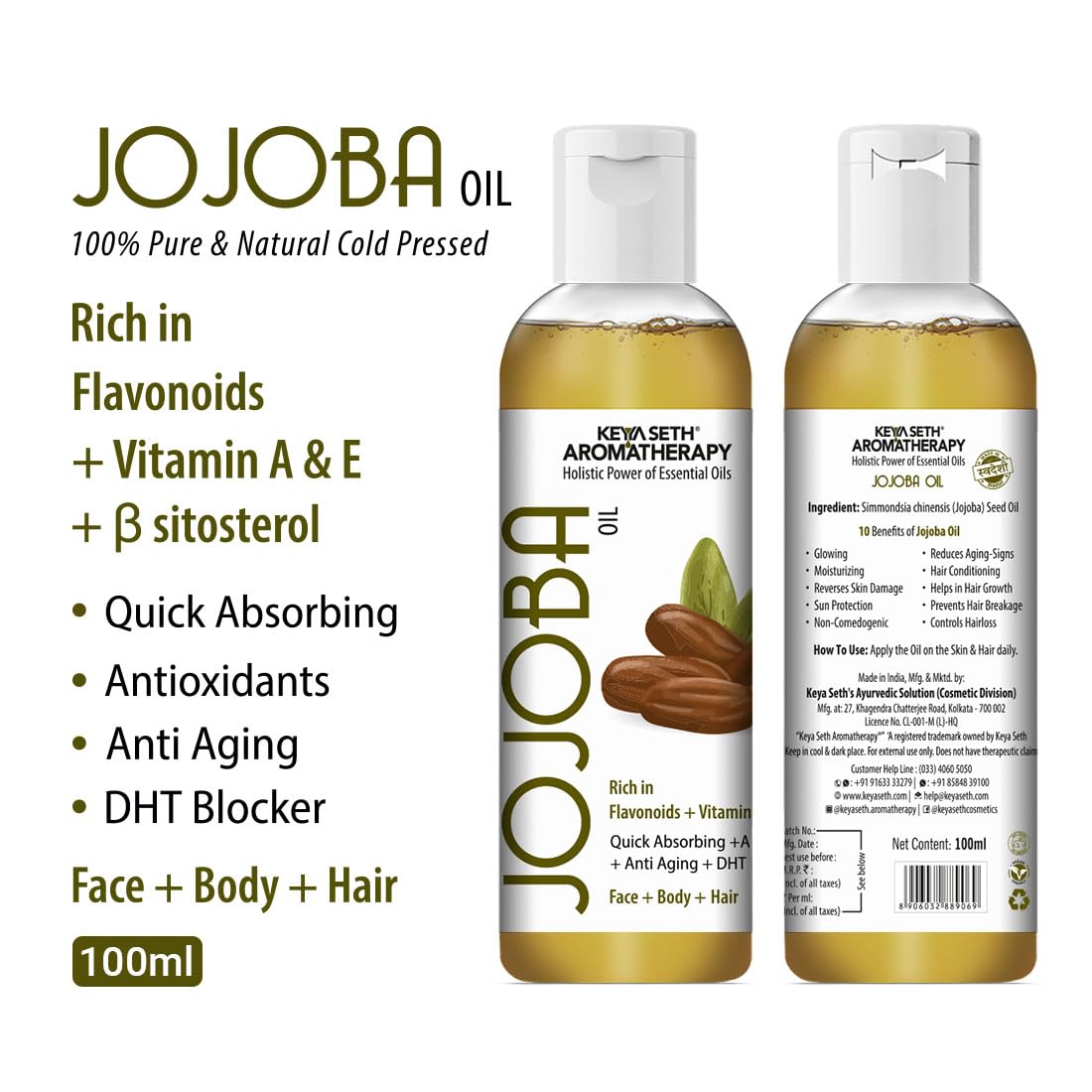 KEYA SETH AROMATHERAPY Jojoba Oil for Face, Body & Hair – Moisturizing, Anti-Aging, Sunburn Care, Hair Growth with Flavonoids, Vitamin A & E 100ml