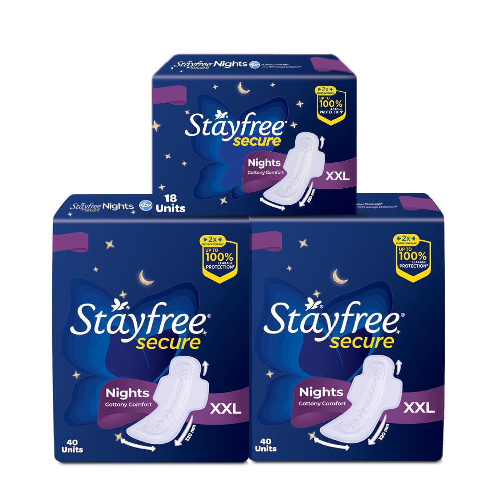 Stayfree Secure Nights XXL Sanitary Pads for Women | 98 Pads Combo Pack| Cottony Soft Cover | Upto 100% leakage protection | Buy XXL at XL price | Absorbs 2x Faster with Wider Back (SFSN40x2+20)