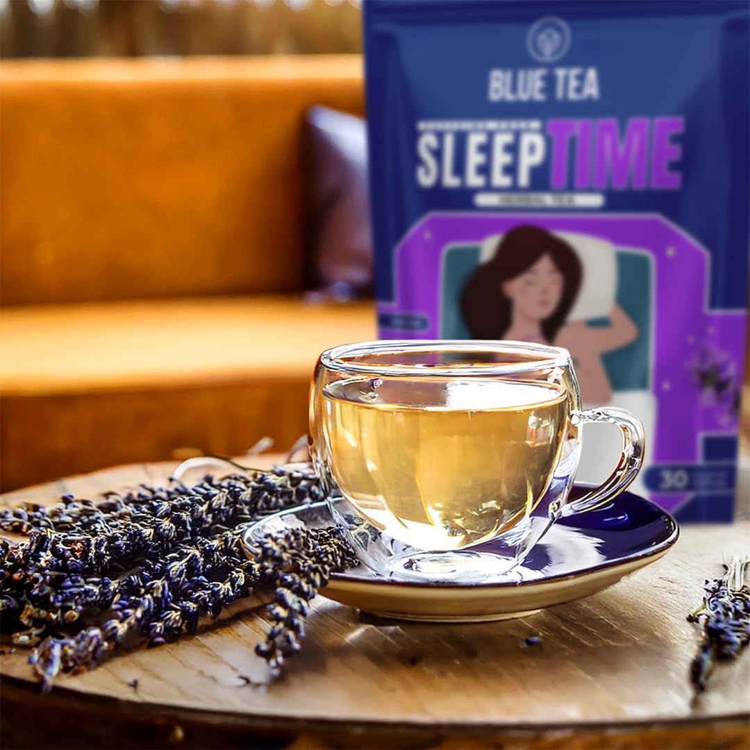 BLUE TEA - Sleep Time Tea - 30 Tea Bags - Plant Based | Helps with Insomnia, Snoring | Supports Deep Relaxation | Caffeine Free | Chamomile, Spearmint, Lemongrass | Ziplock Pack