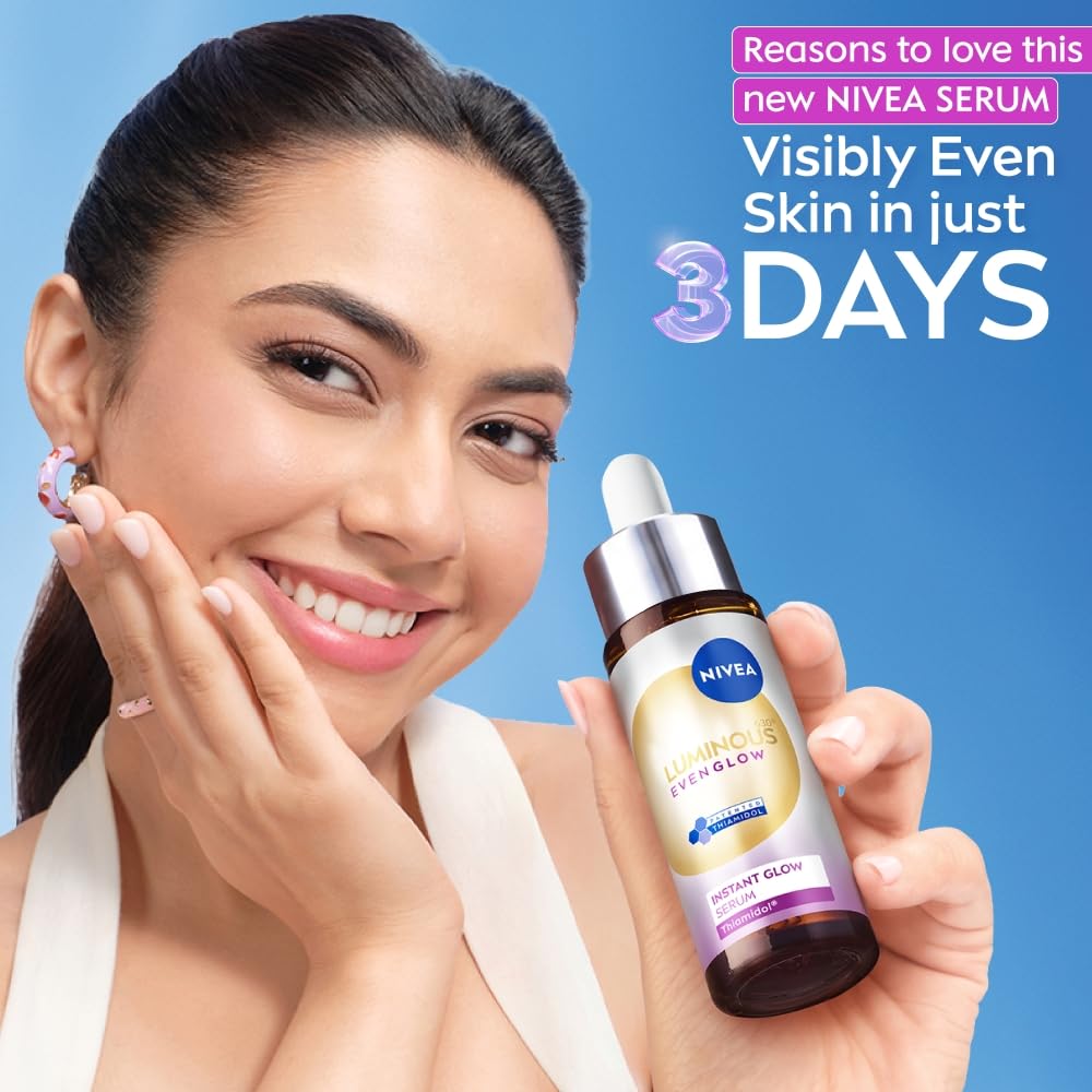 NIVEA Luminous Even Glow Face Serum | For Glowing Skin, Skin Brightening & Refined Pores | Niacinamide, Thiamidol & Vitamin C Serum | Anti-Dark Spots | With Aloe Extracts | 3D Glow in 3 Days | 30ml