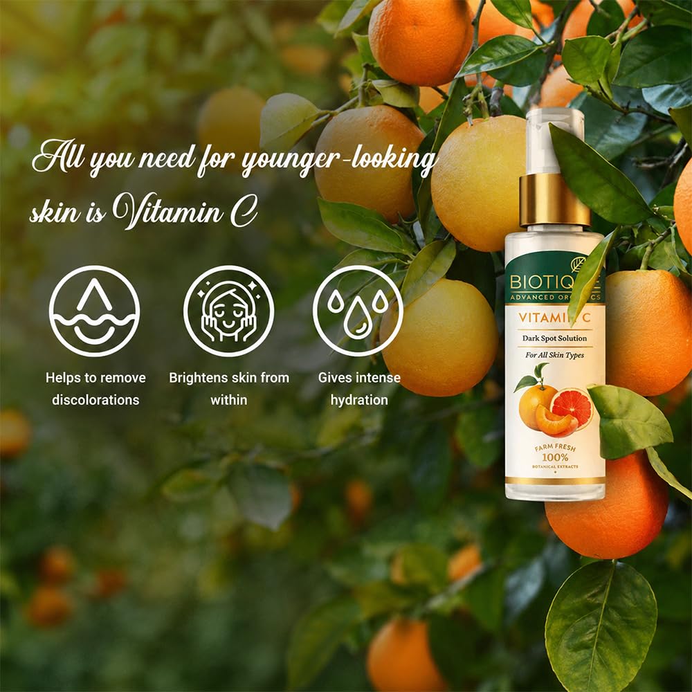 Biotique Vitamin C Dark Spot Solution Serum | Helps Reduce Dark Spots, Pigmentation & Uneven Skin Tone | Lightweight, Fast-Absorbing Serum | Suitable for All Skin Types | 30ml