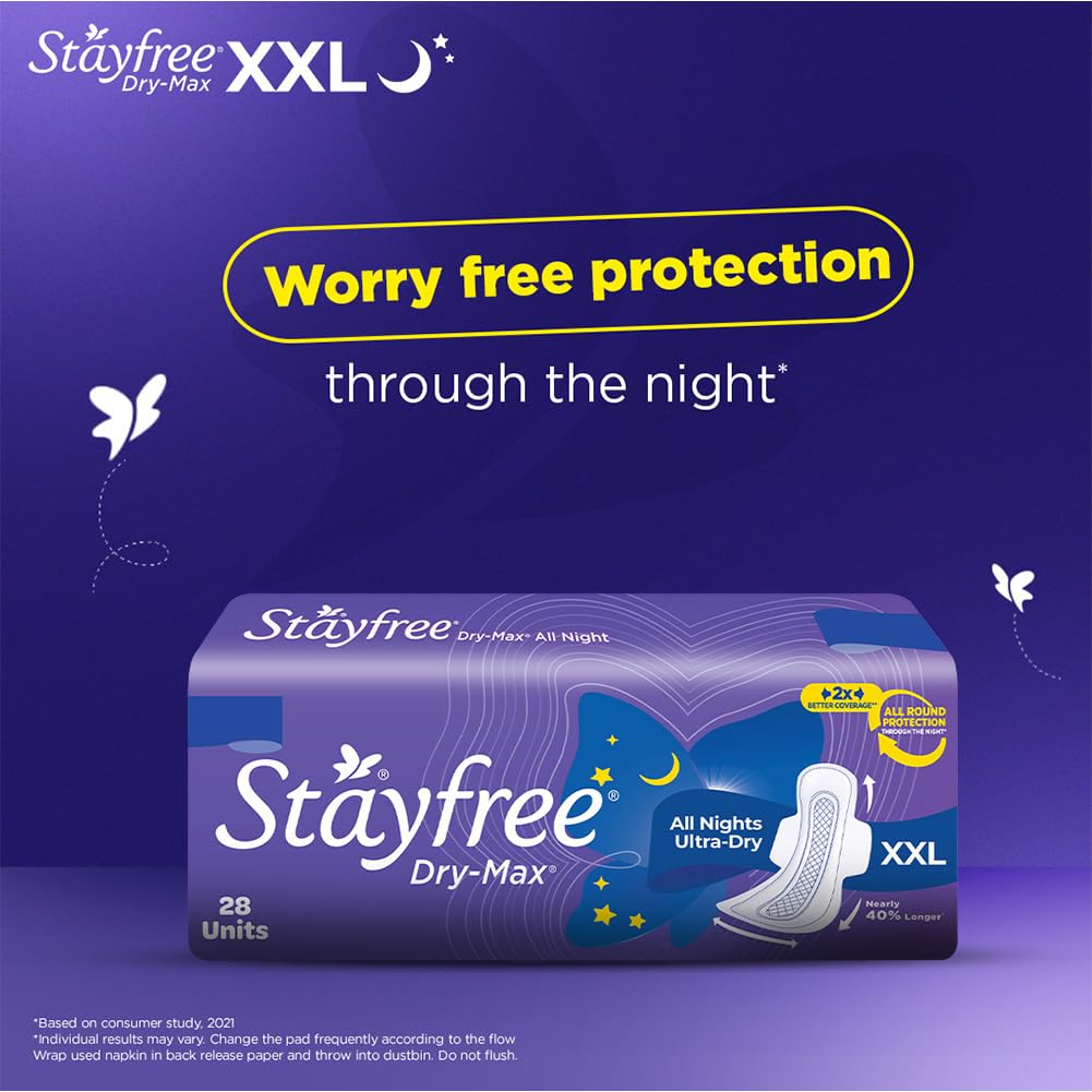 Stayfree Dry Max All Night XXL Sanitary Pads For Women | 28 Pads | Dry Cover | Provides Dry Feel for Up to 12 Hours | Super Lock Gel Pockets to Absorb Heavy Flow