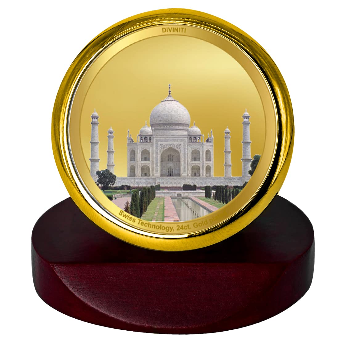 DIVINITI 24K Gold Plated Taj Mahal Metallic Idol for Home Decor, Pooja Room, Office Desk & Car Dashboard | Premium Religious Gift with Wooden Stand for Blessings & Positivity|5.5 x 5.0 CM