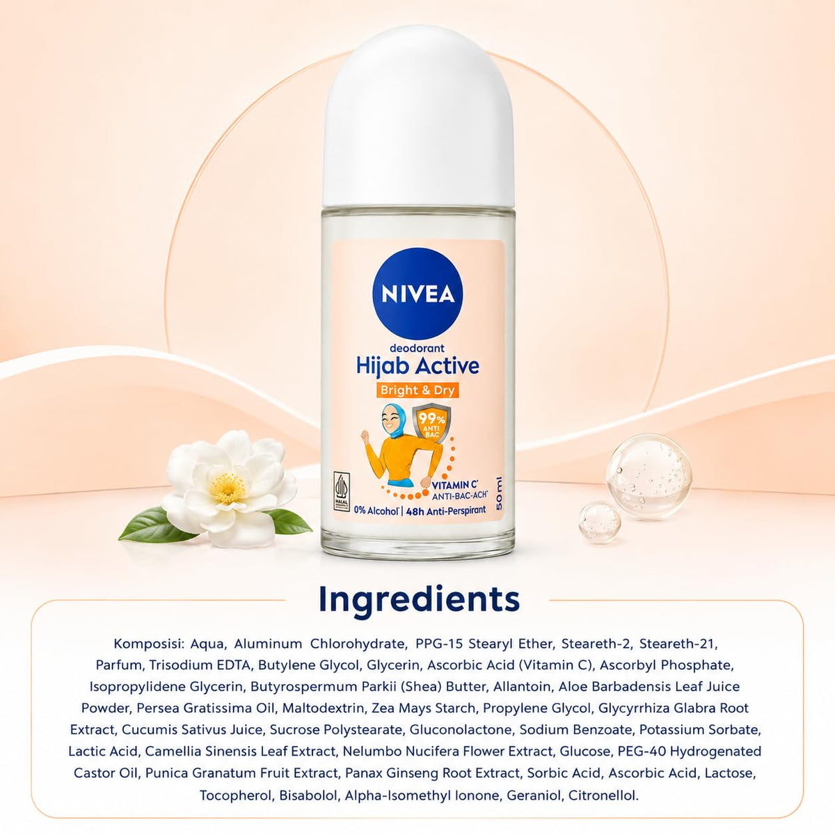 NIVEA Hijab Active Bright & Dry Anti-Perspirant Roll-On Deodorant for Women, 48H Protection, Vitamin C & Anti-Bacterial Formula, 0% Alcohol, 50 ml