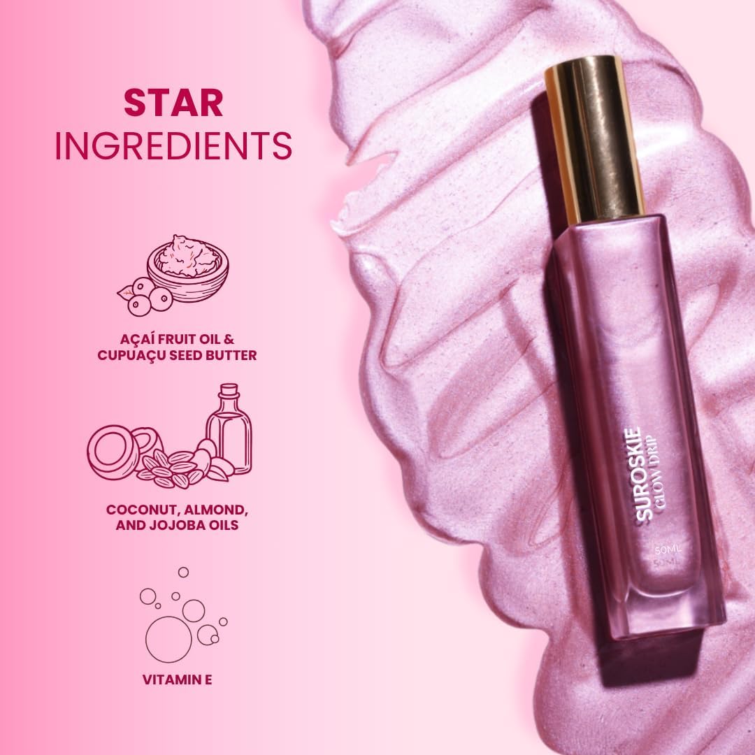 Suroskie Glow Drip 50ml Pink Luxe Body Highlighter with Brush | Shimmer Oil for Radiant & Luminous Skin | Non-Greasy & Quick Absorbing | with Superfood Oils & Pink Mica | Body Shimmer for Women