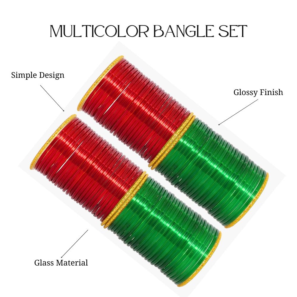 NMII Glass with Plain Simple Design Glossy Finished Zari Studded Multicolour Bangles For Women and Girls | Pack of 104 Bangles