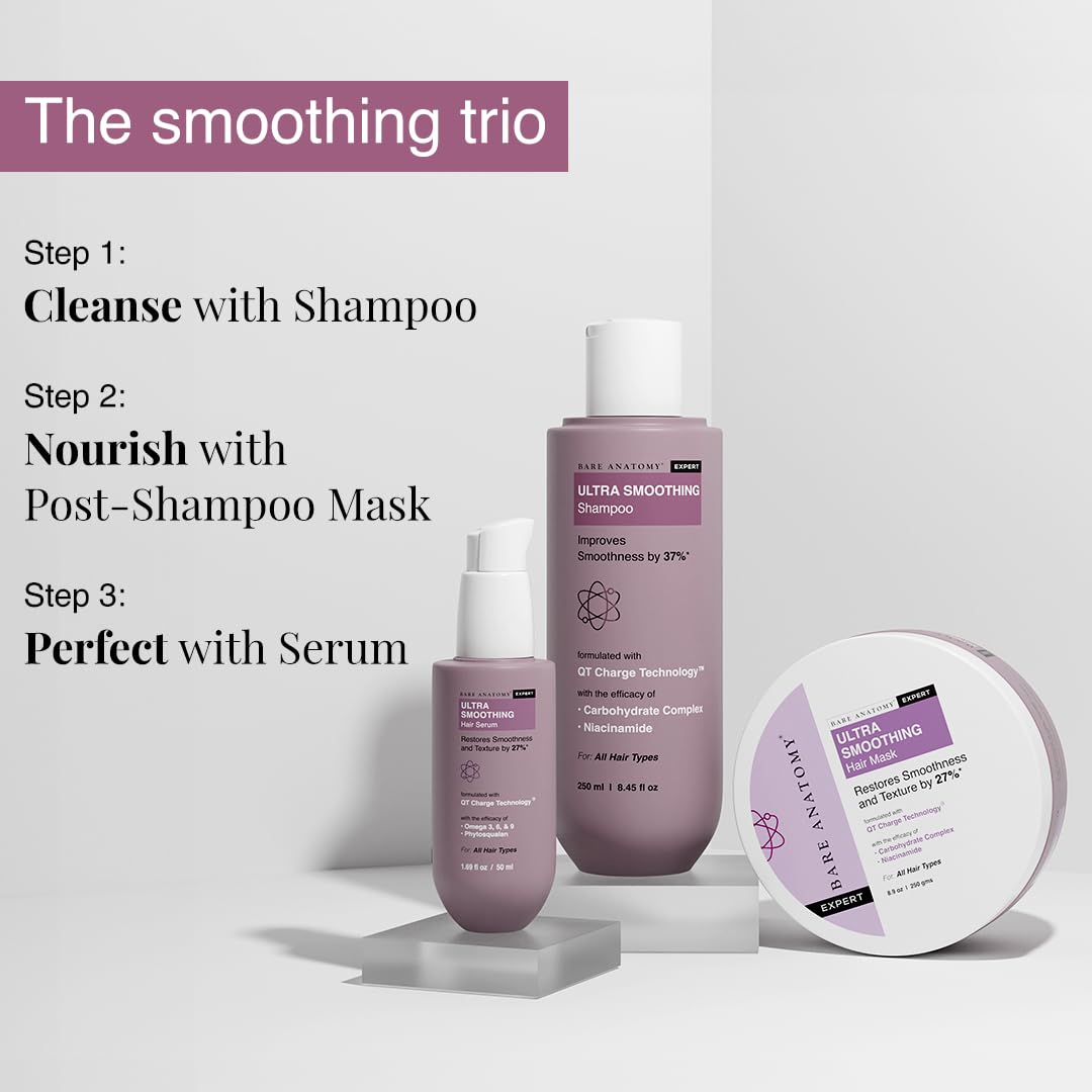 Bare Anatomy Ultra Smoothing Shampoo & Hair Serum Combo for Dry & Frizzy Hair | Carbohydrate Complex & Niacinamide | SLS & Paraben Free | Vegan | 250ml + 100ml