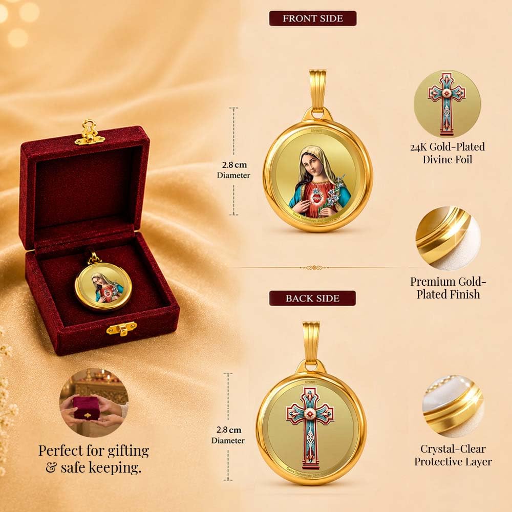 DIVINITI 24K Gold Plated Double-Sided Religious Pendant with Premium Gift Box, Spiritual Locket for Men & Women, Devotional Jewellery for Gifting & Everyday Wear | Mother Merry & Holy Cross