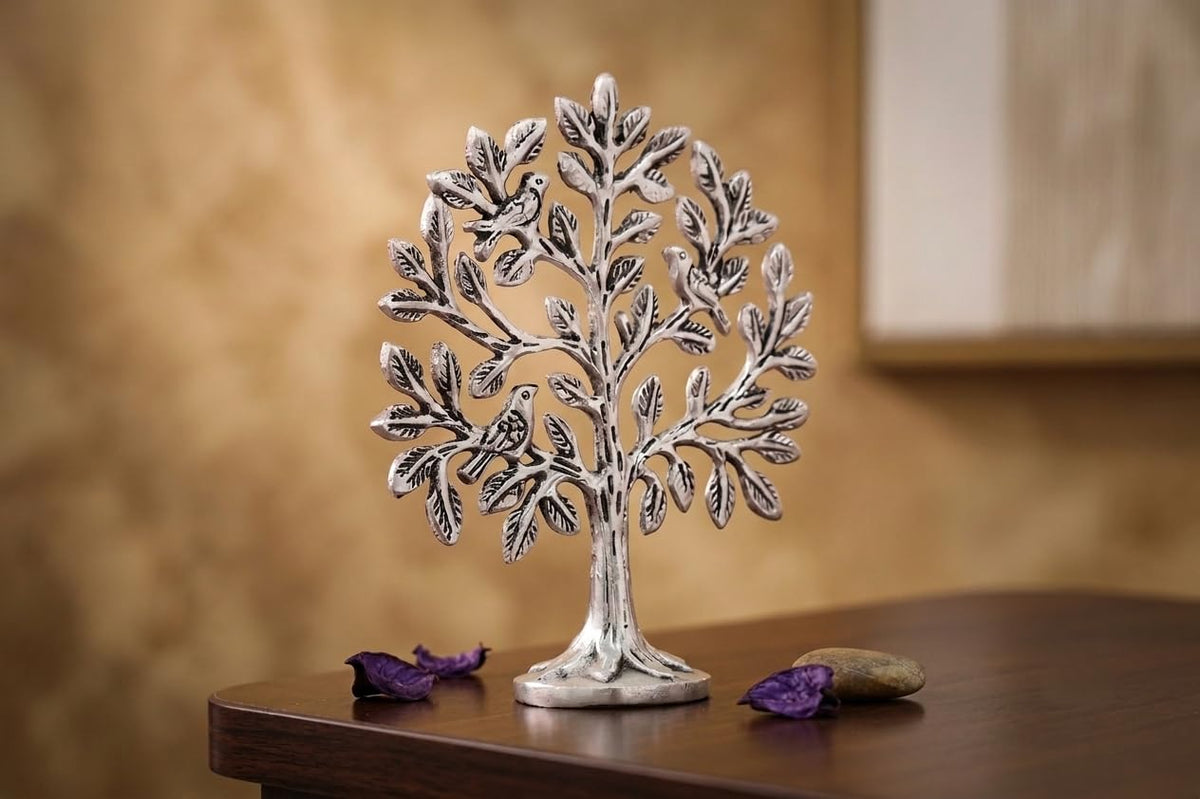 KridayKraft Metal Kalpavriksha Tree for Home Decor - Golden Wish Fulfilling Tree Metal Showpiece for Temple, Vastu, Office Table & Gifting Banyan (No 0 Silver)