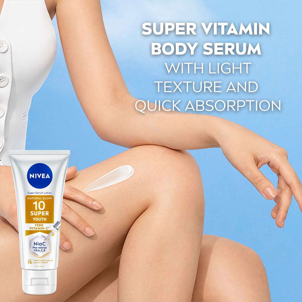 NIVEA Super 10 Youth Body Serum Lotion 170ml | Niacinamide Retinol 120X Vitamin C Body Lotion SPF15 Daily Sunscreen | Skin Tightening, Lightweight, Fast Absorbing Moisturizer | Youthful & Firm Skin in 5 Days