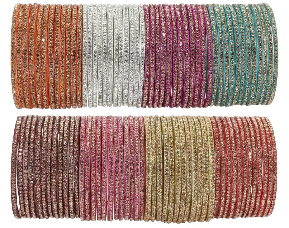NMII Glass with Zircon Gemstone and Beads Studdded Glossy Finished Traditional Bangle Set For Women and Girls