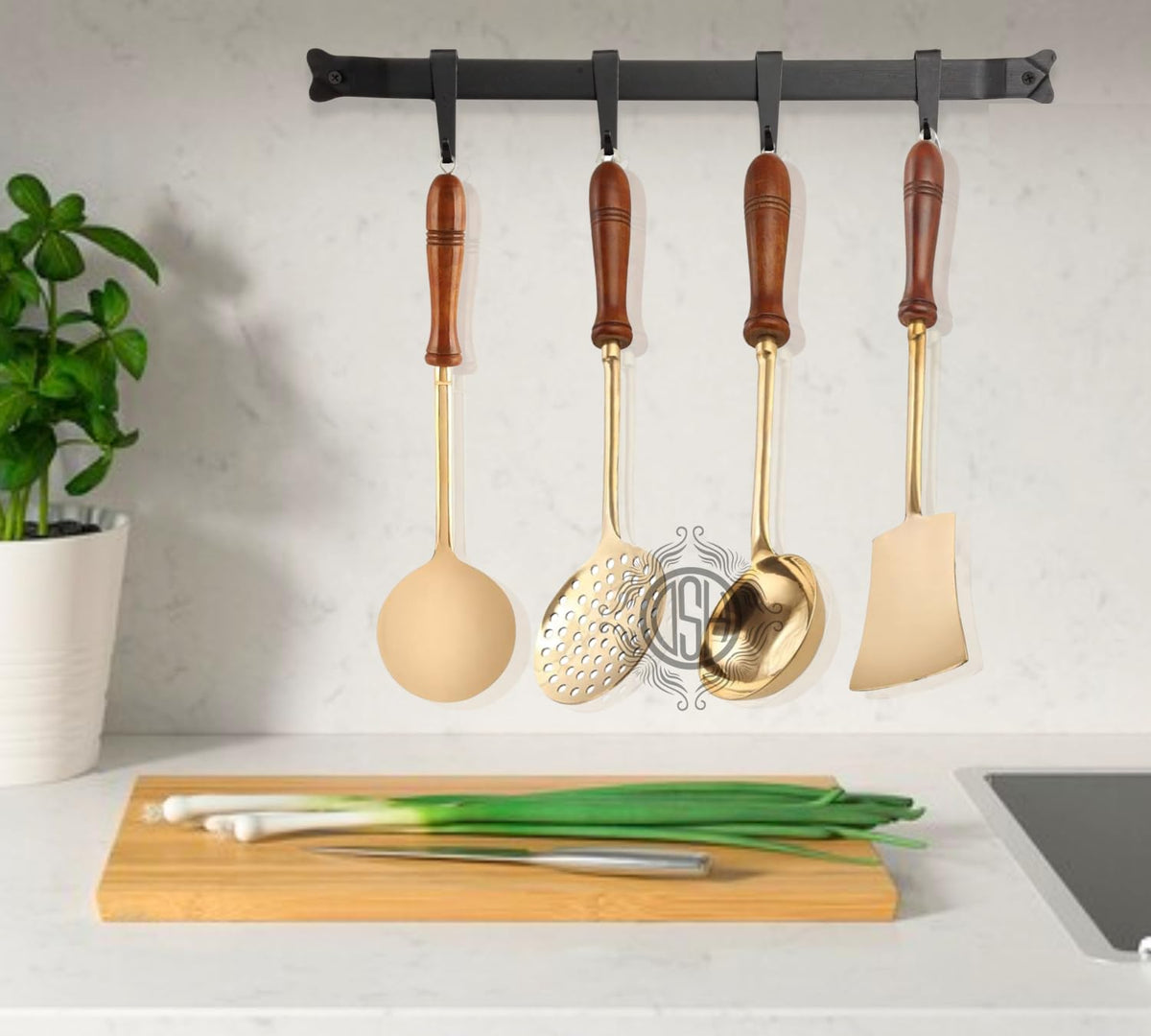 DSH Pure Brass Spoon Set for Cooking and Serving Spoon with Wooden Handle (Set of-4) Multipurpose Brass Serving Set for Kitchen.(BR-CSPN-4P)