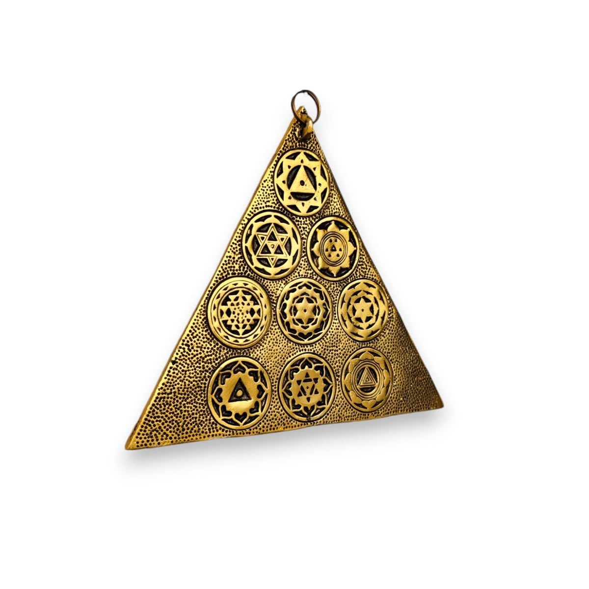 KridayKraft Metal Shri Vastu Navgrah Yantram Maha Yantra with Sampoorna Navgraha Triangle Yantra for Vastu Dosh Nivaran Wall Hanging Triangular Shaped Yantra (8.5 Inches) (1 Pc), Gold