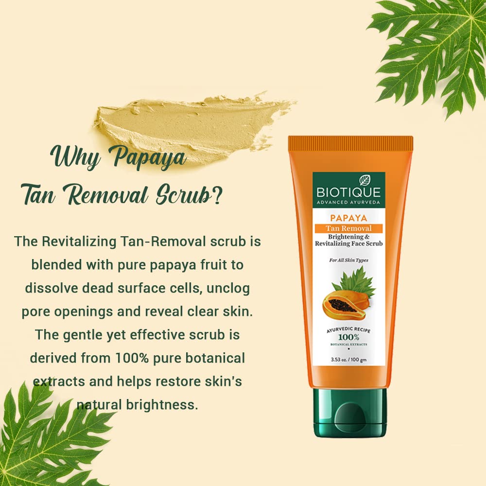 Biotique Papaya Tan Removal Brightening & Revitalizing Face Scrub | Gentle Exfoliation | Smooth and Clear Complexation | 100% Botanical Extracts| Suitable for All Skin Types | 100g (Pack of 2)