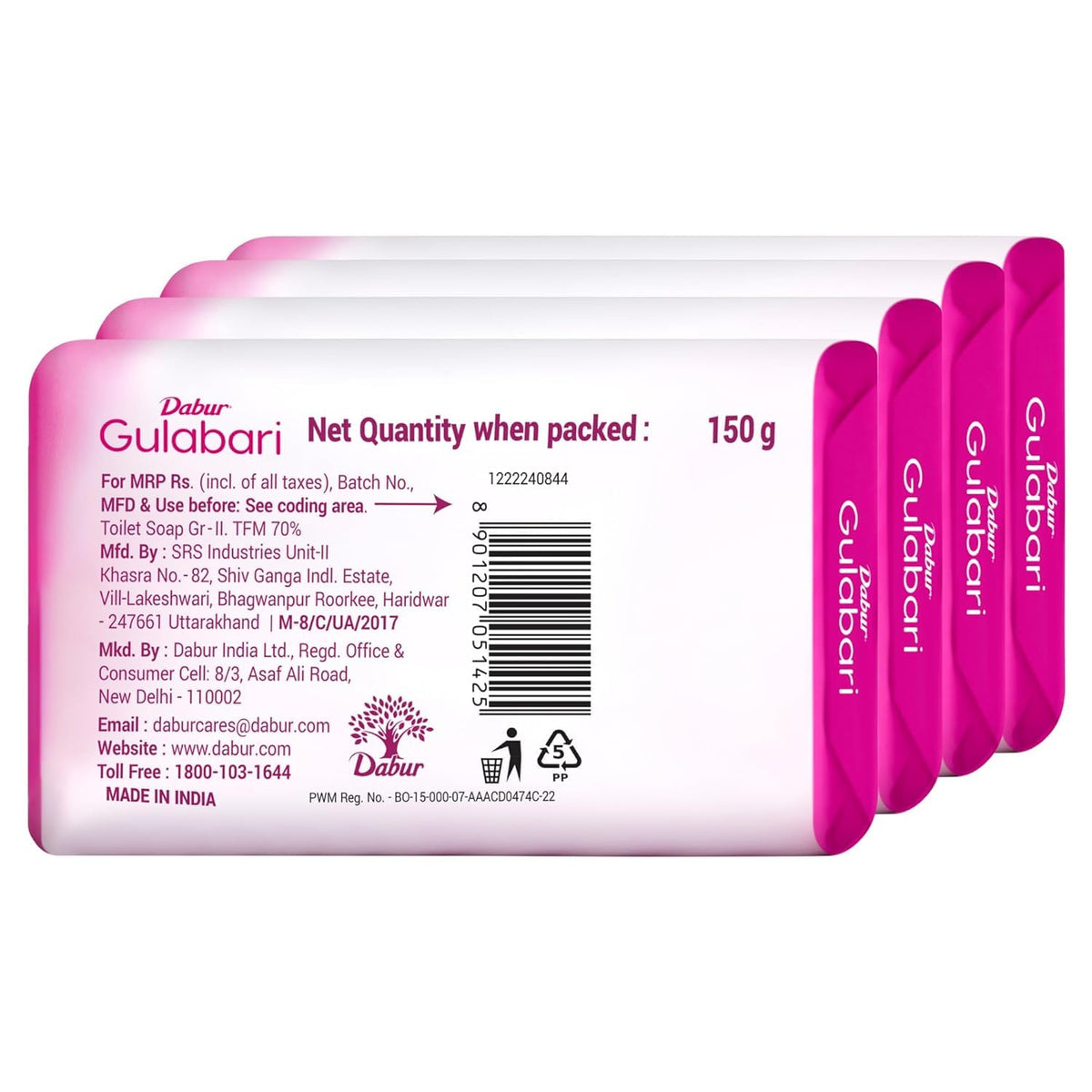 Dabur Gulabari Pure Rose Soap 150g (Pack of 4) | Moisturizing Bathing Soap for Radiant Glowing Skin & Body | Glycerine & Niacinamide | Long Lasting Fragrance | For Men & Women
