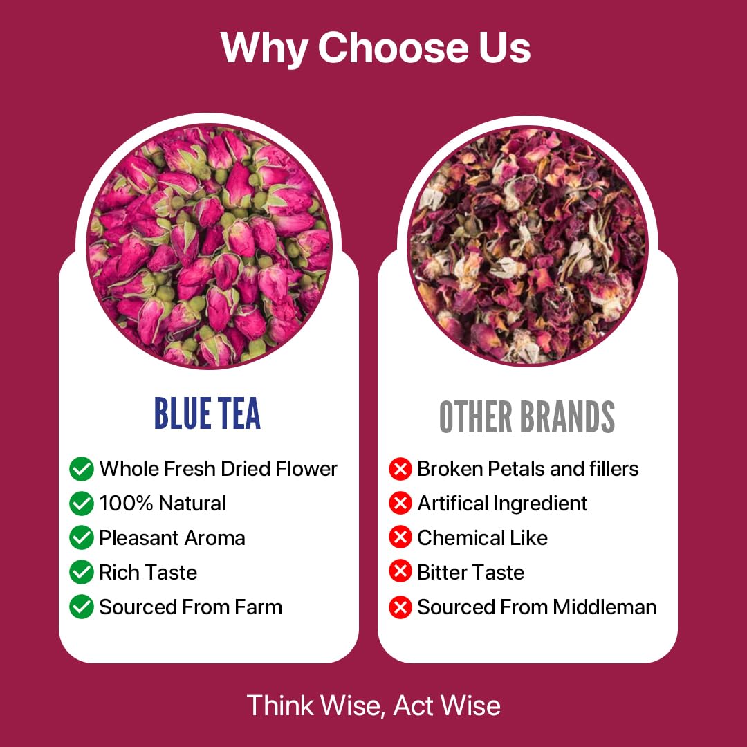 BLUE TEA - Rose Buds Tea - 100gm - 100 Cups | RICH VITAMIN-C | Beautiful Hair & Skin - Caffeine Free - Flower Based - Herbal Tea | Premium Zipper Pack