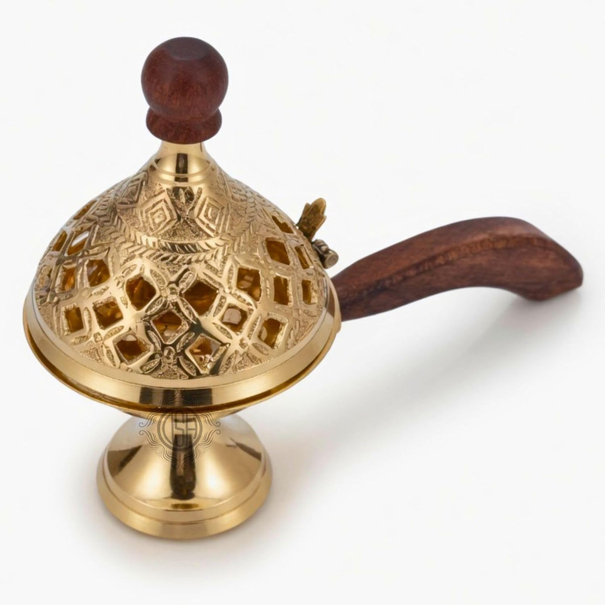 DSH Brass Loban Burner Home Purifying Dhoop Dani Bakhoor Holder Table Incense Burner with Wooden Handle for Home Decoration