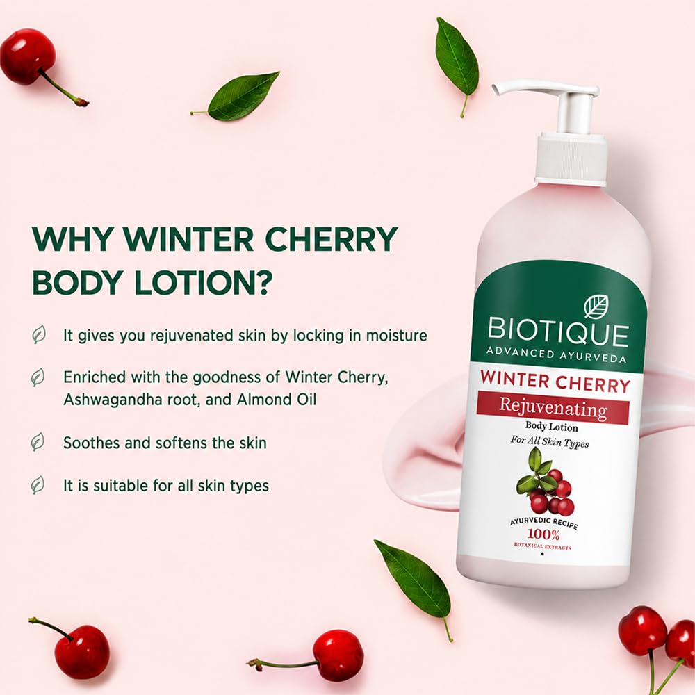 Biotique Winter Cherry Rejuvenating Body Lotion | Moisturizes and Hydrates the Skin | Prevents Ageing, Wrinkles and Dark Spots| 100% Botanical Extracts| Suitable for All Skin Types | 300ml