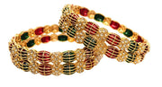 NMII Gold Plated Red Green Stone Kada With Floral Pattern For Women & Girls | Designer Kangan | Traditional Metal Bangle | Wedding Festive & Occasion Bangles - Set Of 4