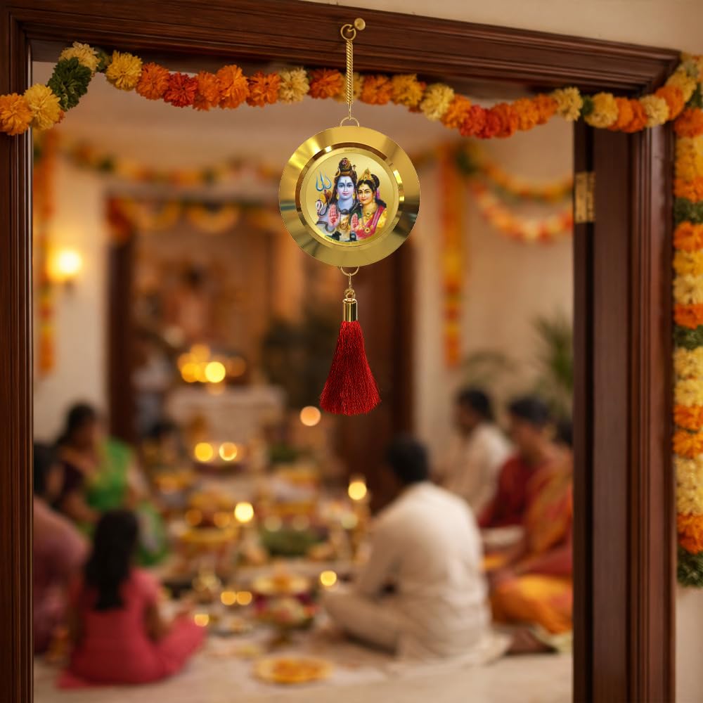 Diviniti 24K Gold Plated Shiv Parvati Double Sided Hanging with Om Symbol for Home Entrance Door, Vastu Spiritual Decor, Religious Hanging, Blessings, Love & Positive Energy Gift Item