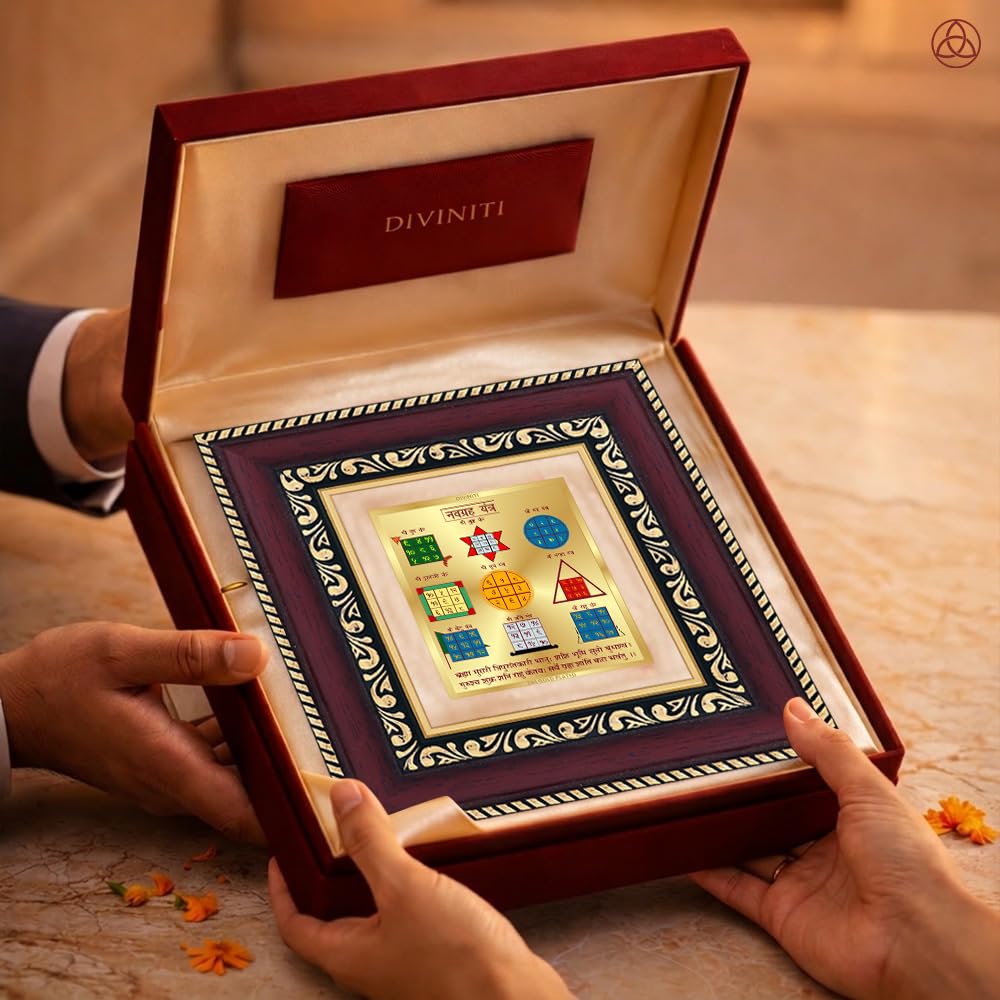 DIVINITI 24K Gold-Plated Navagraha Yantra Frame | Sacred Nine Planets Yantra for Harmony, Protection & Positivity | Home, Office & Pooja Decor | Premium Gift Box | 12 x 11 CM