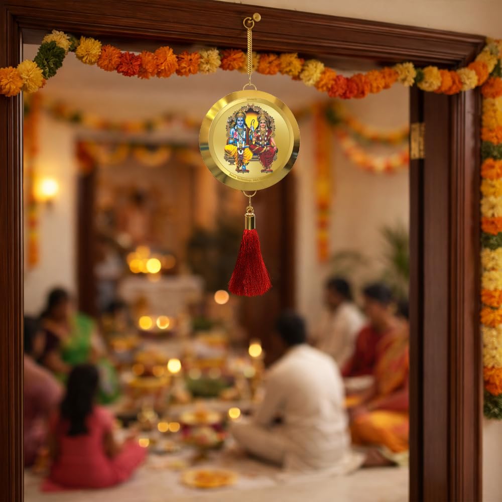 Diviniti 24K Gold Plated Ram Sita Double Sided Hanging with Hanuman Ji for Home Entrance Door, Vastu Spiritual Decor, Religious Hanging, Blessings, Protection & Positive Energy Gift Item