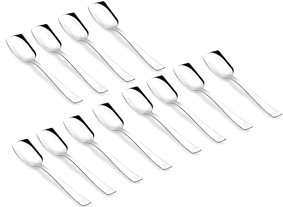 Parage Stainless Steel Set of 12 Ice Cream Spoons, Silverware Spoon Set, Dinner Spoon Length 13.5cm, Food Grade Silverware for Home & Kitchen, Durable Stylish, 12 Silver Spoons