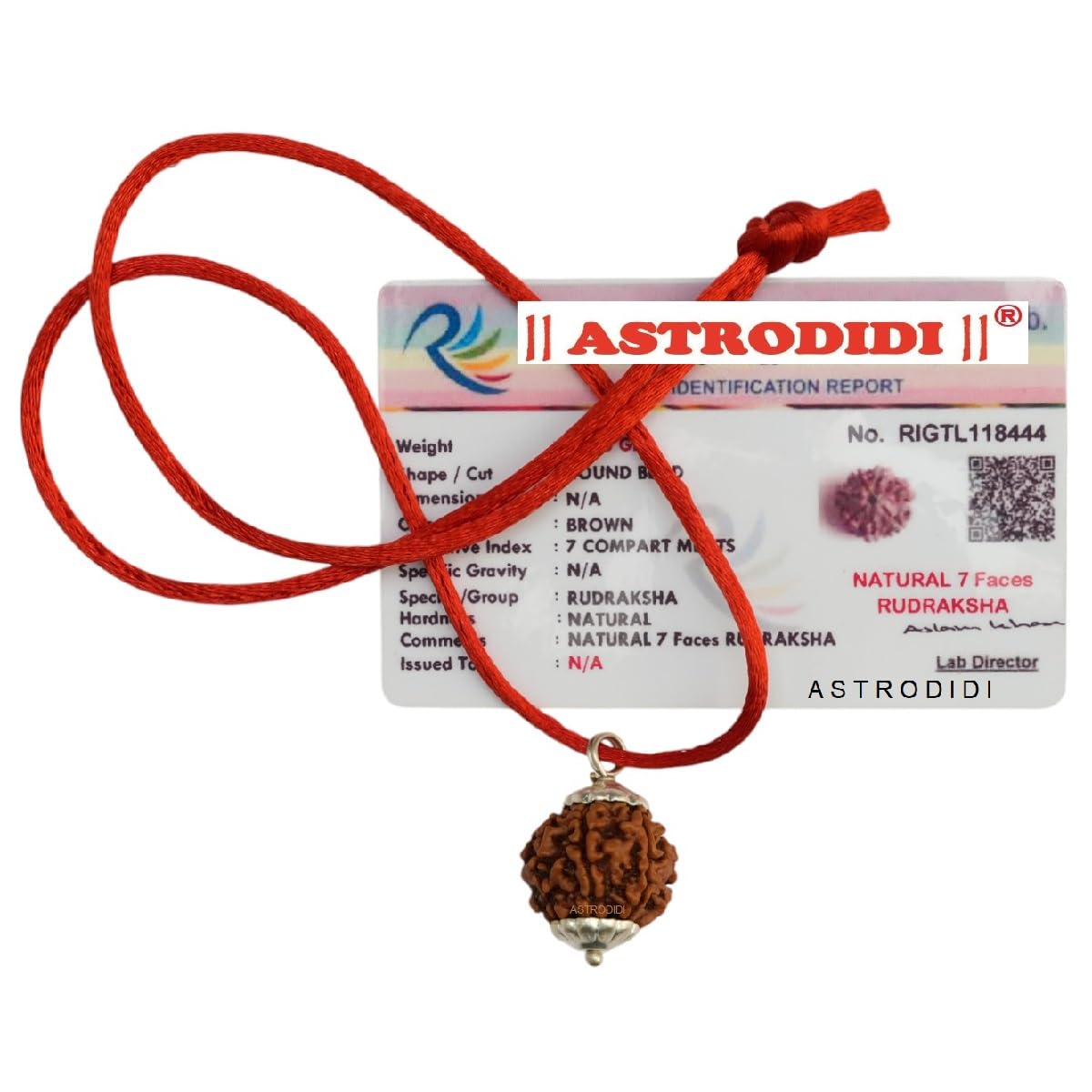 ASTRODIDI Brown 7 Mukhi/Seven Face Nepali Rudraksha Lab Certified and Mantra Siddha | 7 Faced Saat Mukha Natural Rudraksh Silver Plated Pendant with Red Thread for Men & Women