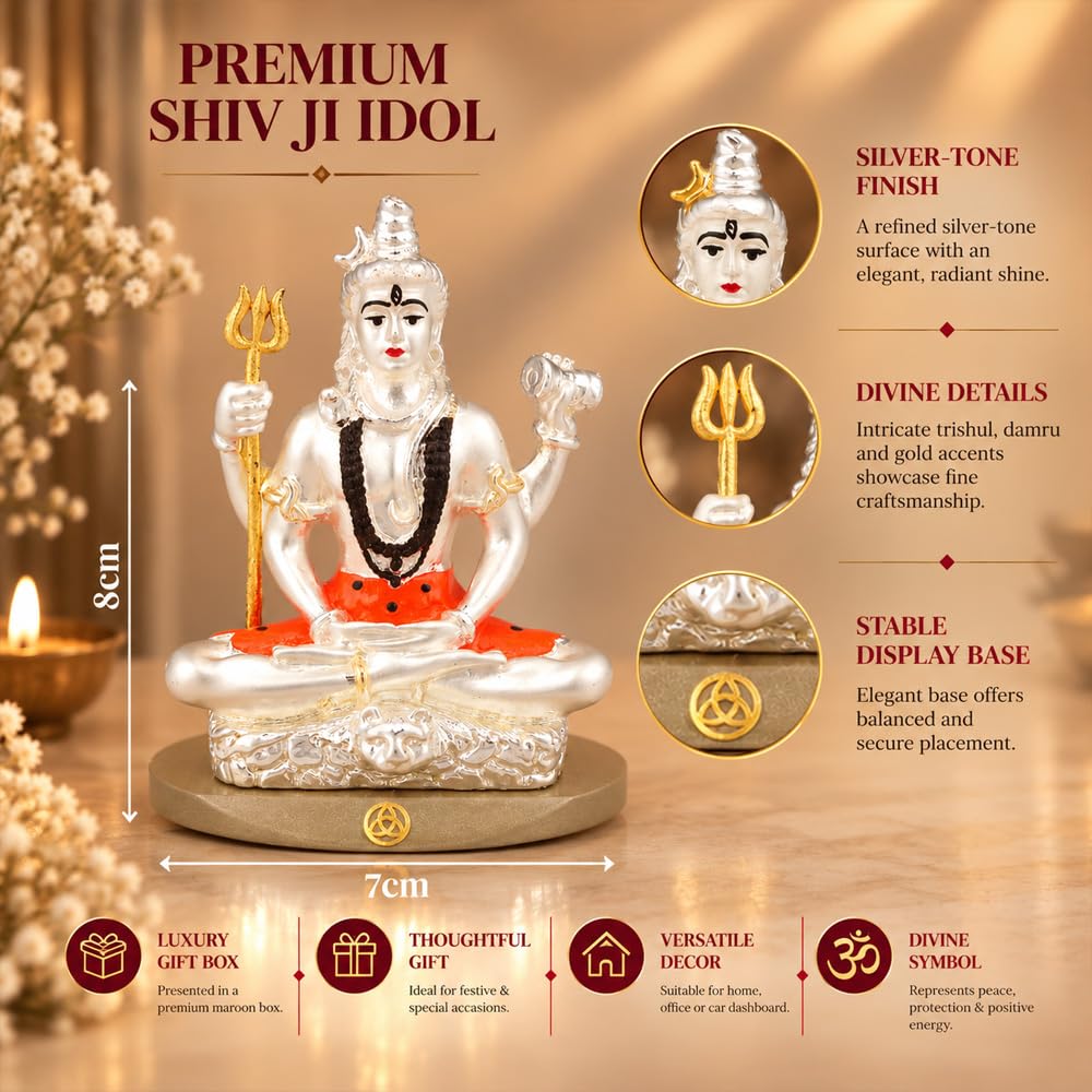 DIVINITI 999 Silver-Plated Lord Shiva Idol with Gold Accents | Mahadev Murti for Home, Office & Puja Mandir | Diwali, Mahashivratri & Housewarming Gift with Premium Gift Box | 8 x 7 CM