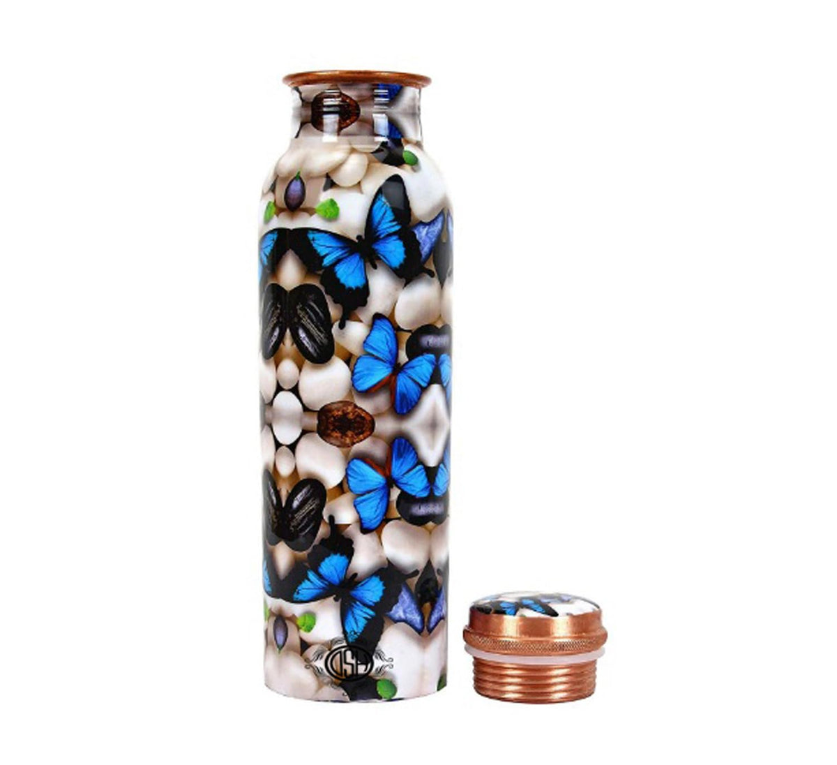 DSH Copper Bottles for 1 Litre Printed Butterfly Art Work, Travelling Purpose Bottles, Yoga Ayurveda Healing, 1000 ML (Design SM17)