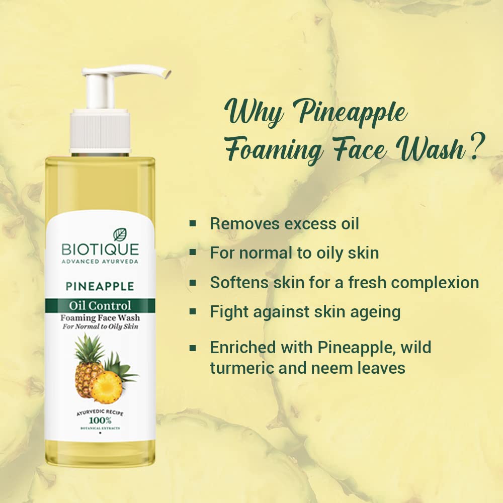 Biotique Pineapple Oil Control Foaming Face Wash | Hydrates dry skin | Eliminates Excess Oil | Evens Skin Tone | 100% Botanical Extracts | Suitable for All Skin Types | 200ml