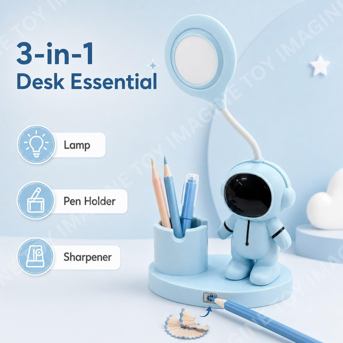 Toy Imagine 3-in-1 Kids LED Desk Lamp USB Rechargeable Night Light with Pen Holder and Pencil Sharpener Cute Astronaut Design Detachable Study Lamp for Girls & Boys Bedroom, Home & School