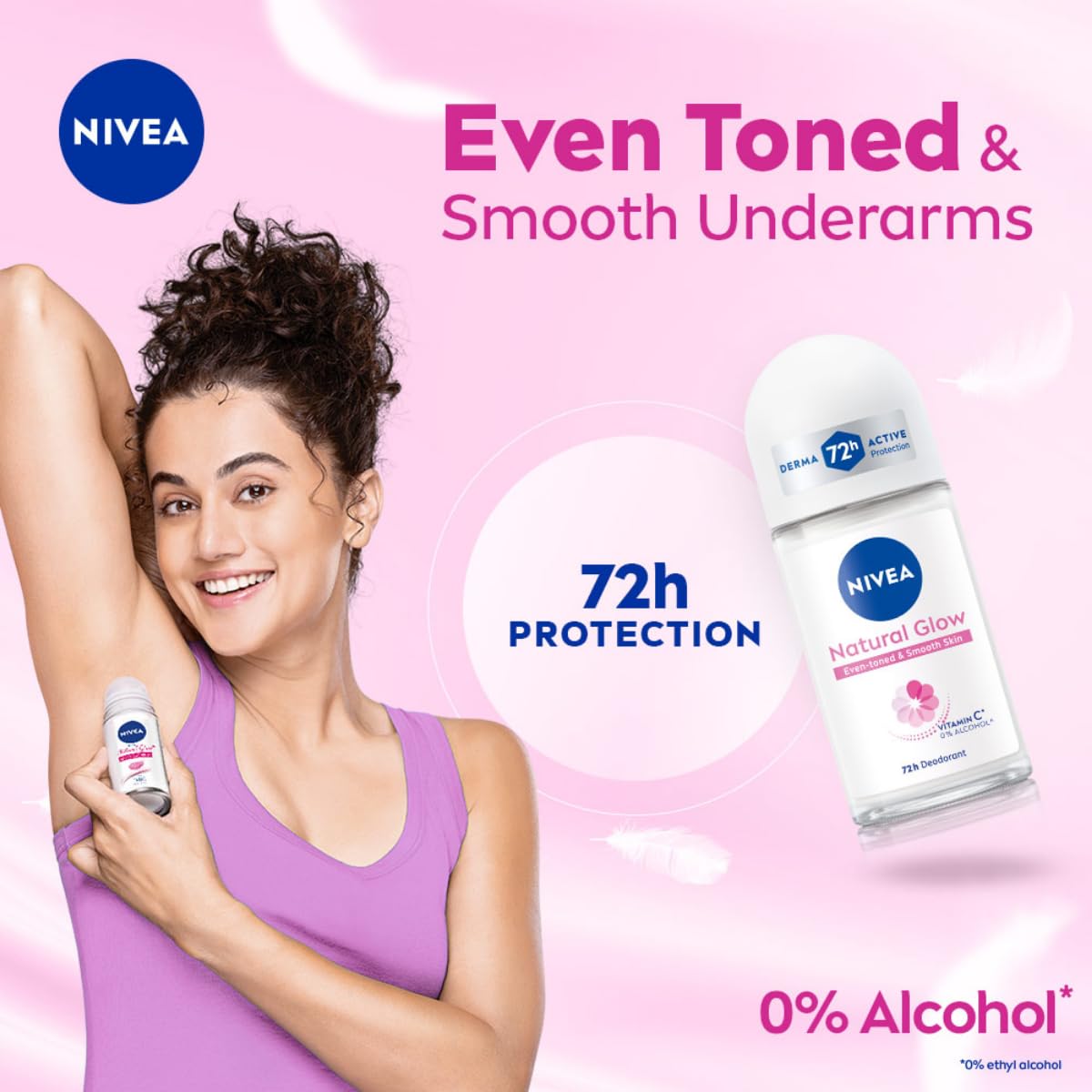 NIVEA Natural Glow Smooth Skin Deodorant Underarm Roll On For Women|Vitamin C,Vitamin E,Avocado Oil And Licorice Extract|72 H Even Toned,Smooth & Bright Underarms|0% Alcohol And Dermat Approved|50 Ml