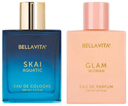 Bella Vita Luxury Bella Vita Organic Skai Unisex Liquid EDC & Glam EDP Perfume Combo, Pack Of 2 Premium Long Lasting Fragrance Scents, 100ml Each - Musk, Wood, Spicy, Jasmine